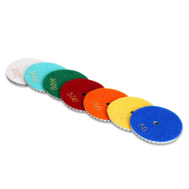 Set of 10 emery polishing discs with 80mm diameter for stone and concrete surface polishing.