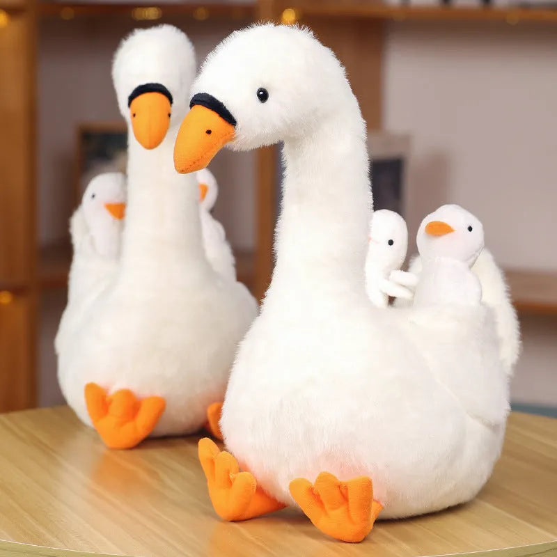 White plush mother and son goose doll 35cm tall on a plain background