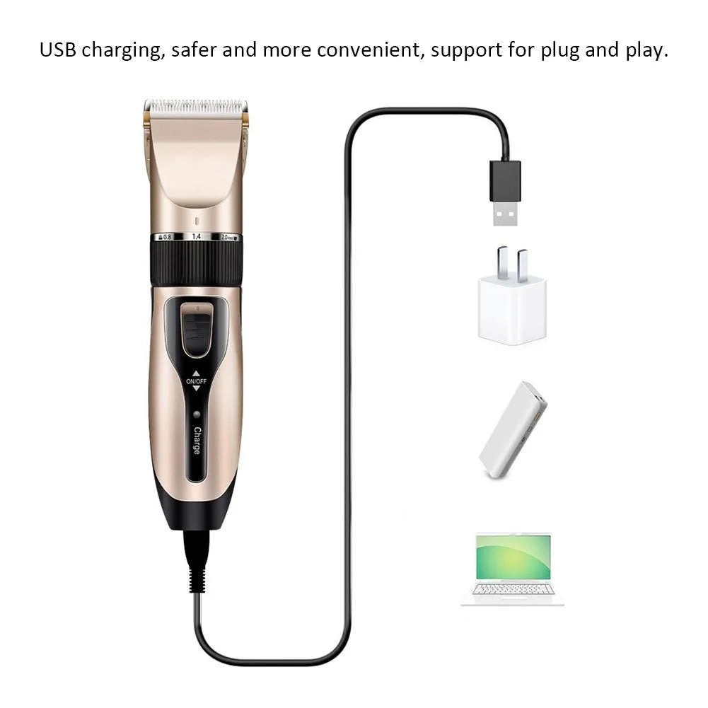 Golden cordless pet grooming clipper, 180mm x 45mm, with ceramic titanium blade, four guide combs and EU plug charger