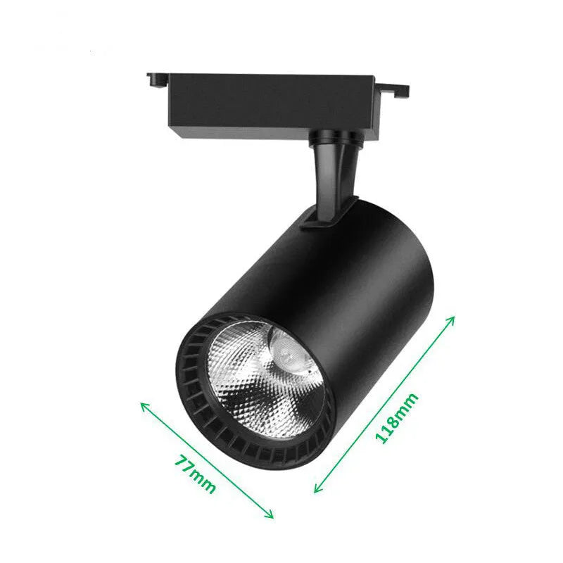 LED track spotlight in black with 24-degree beam angle and 10W power, suitable for jewellery and retail lighting