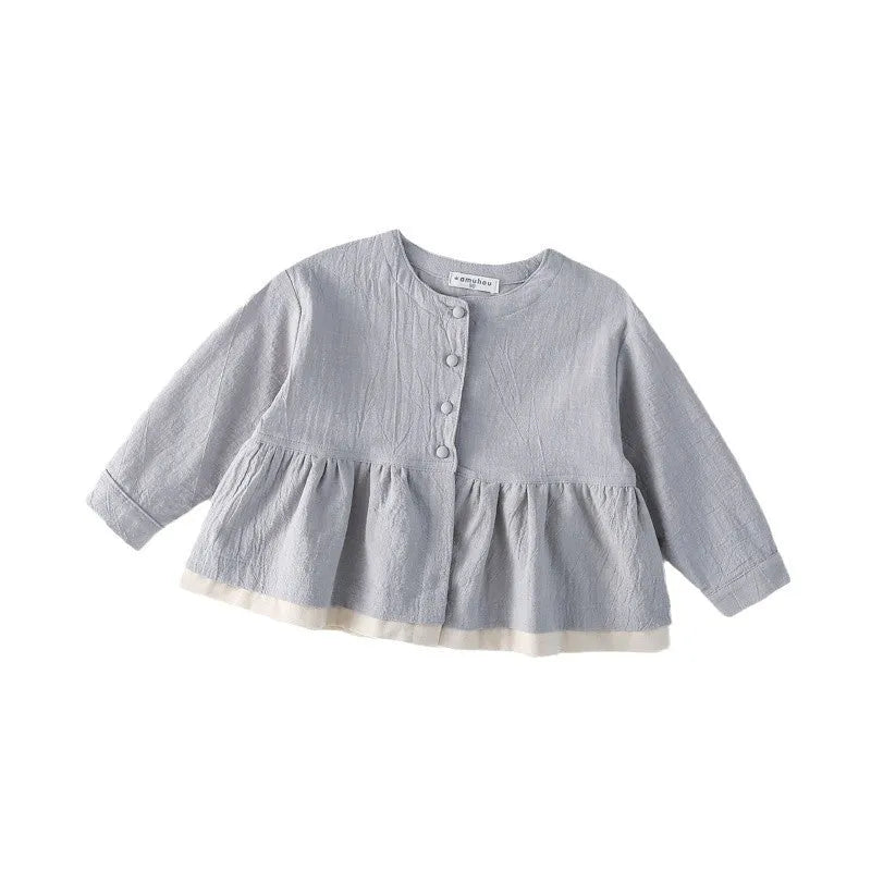 Grey baby long sleeve top with fake two-piece cardigan and lace design, cotton fabric, sizes 90cm to 130cm.