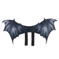 Black cloth bat wings Halloween costume accessory for a dog or cat, showing three size options.