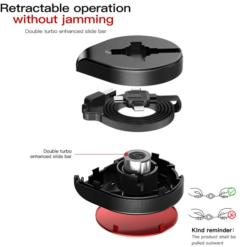 Black telescopic three-in-one fast charging data cable extended to 1 metre with split connector