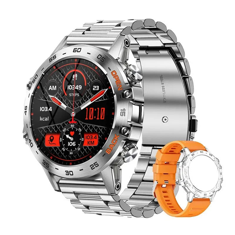 Bluetooth calling smart watch with IP68 waterproof case and colour options including black and silver straps