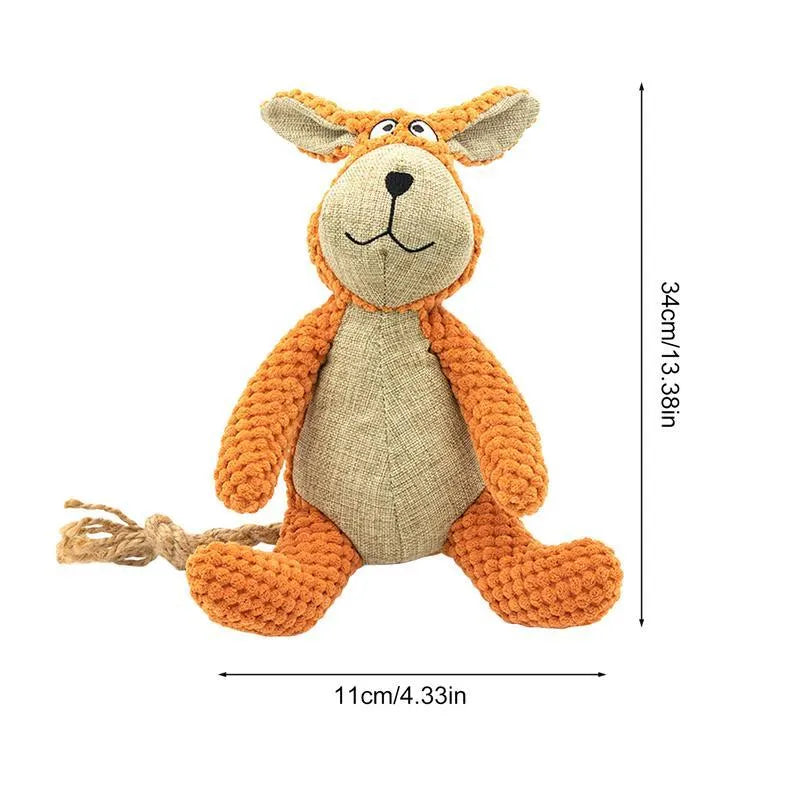 Assorted plush dog chew toys in donkey, elephant, orangutan, and rabbit shapes with squeakers.