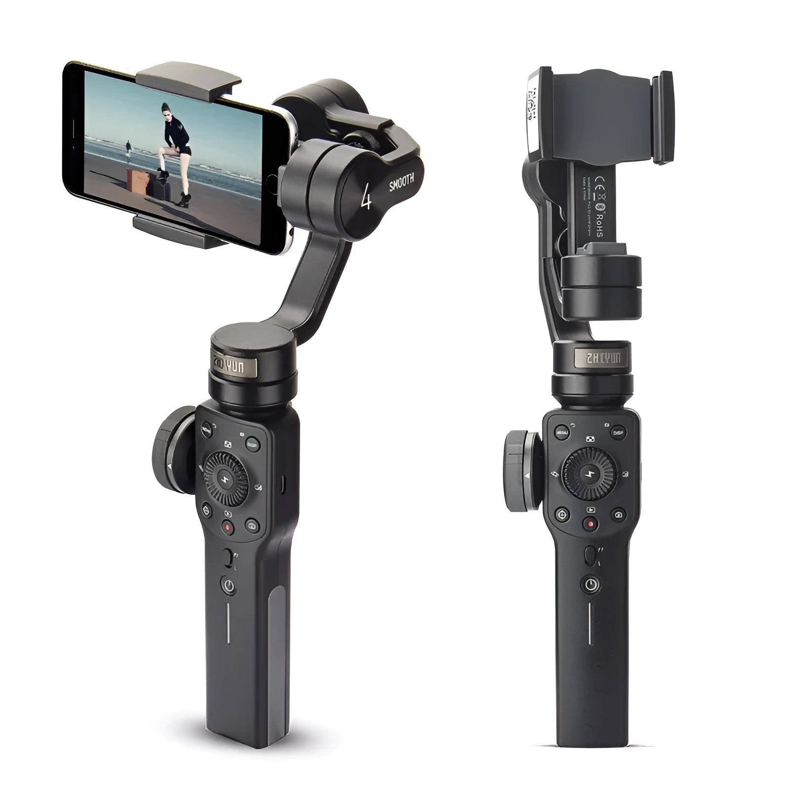 Black handheld mobile phone shooting stabiliser with ABS construction and extended battery life
