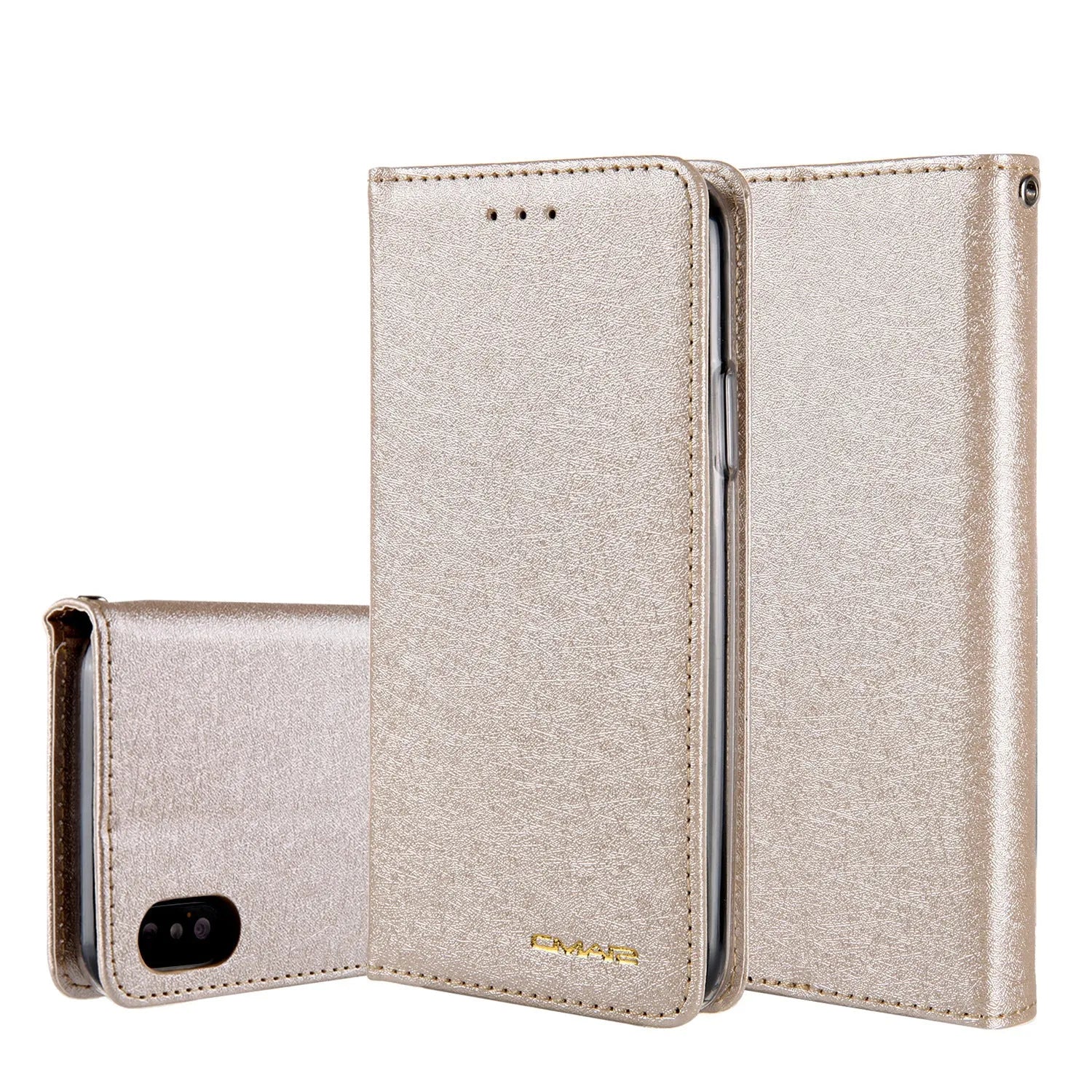 Apple iPhone flip wallet case in PU leather with card slot, shown in multiple colours.