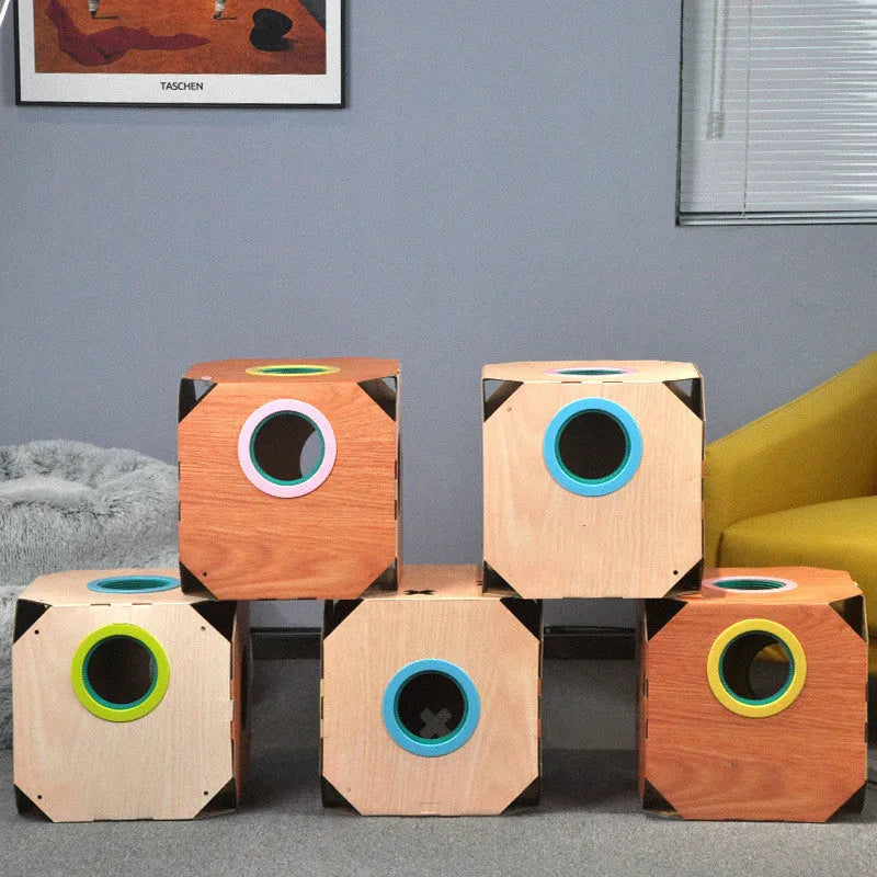 DIY multipurpose cat hiding box with white corrugated cardboard carton, two ABS TPR circles, and a cat scratching board in style A