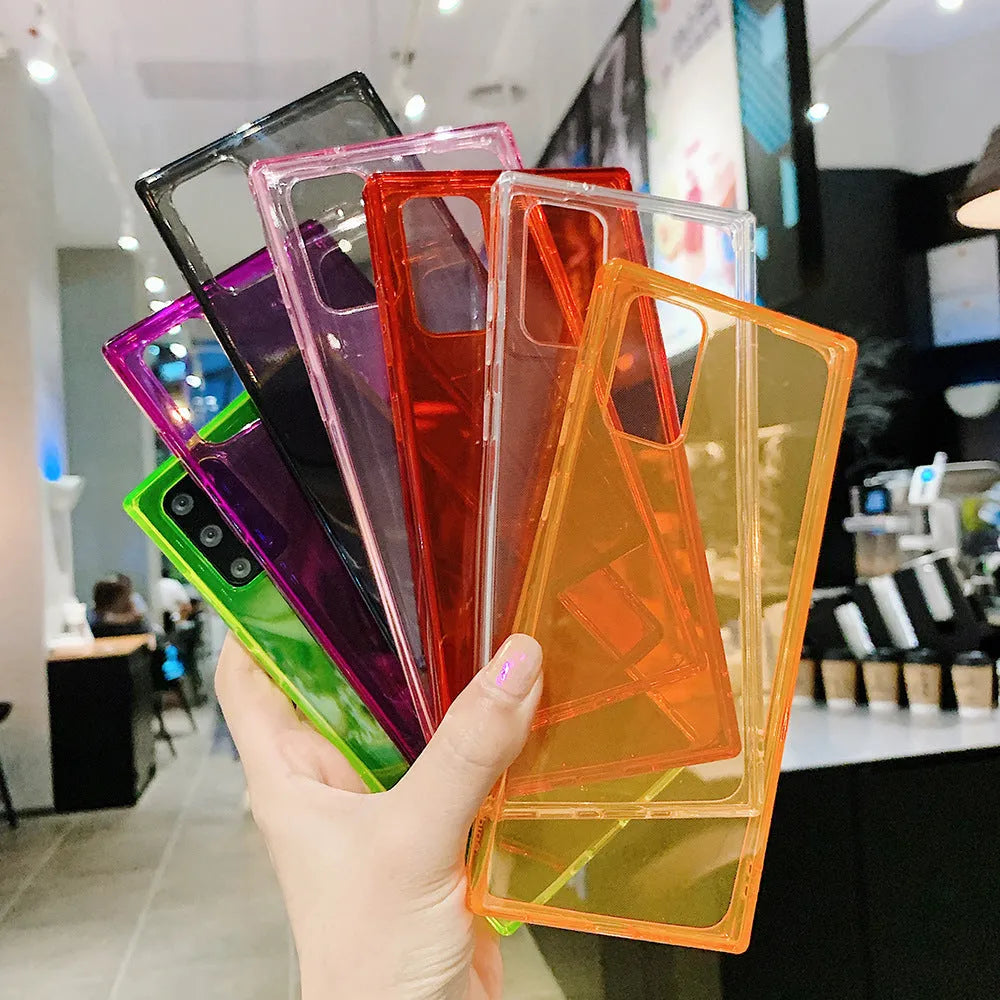 Square transparent TPU phone case for Samsung, silicone back cover in black, green, orange, pink, purple, red