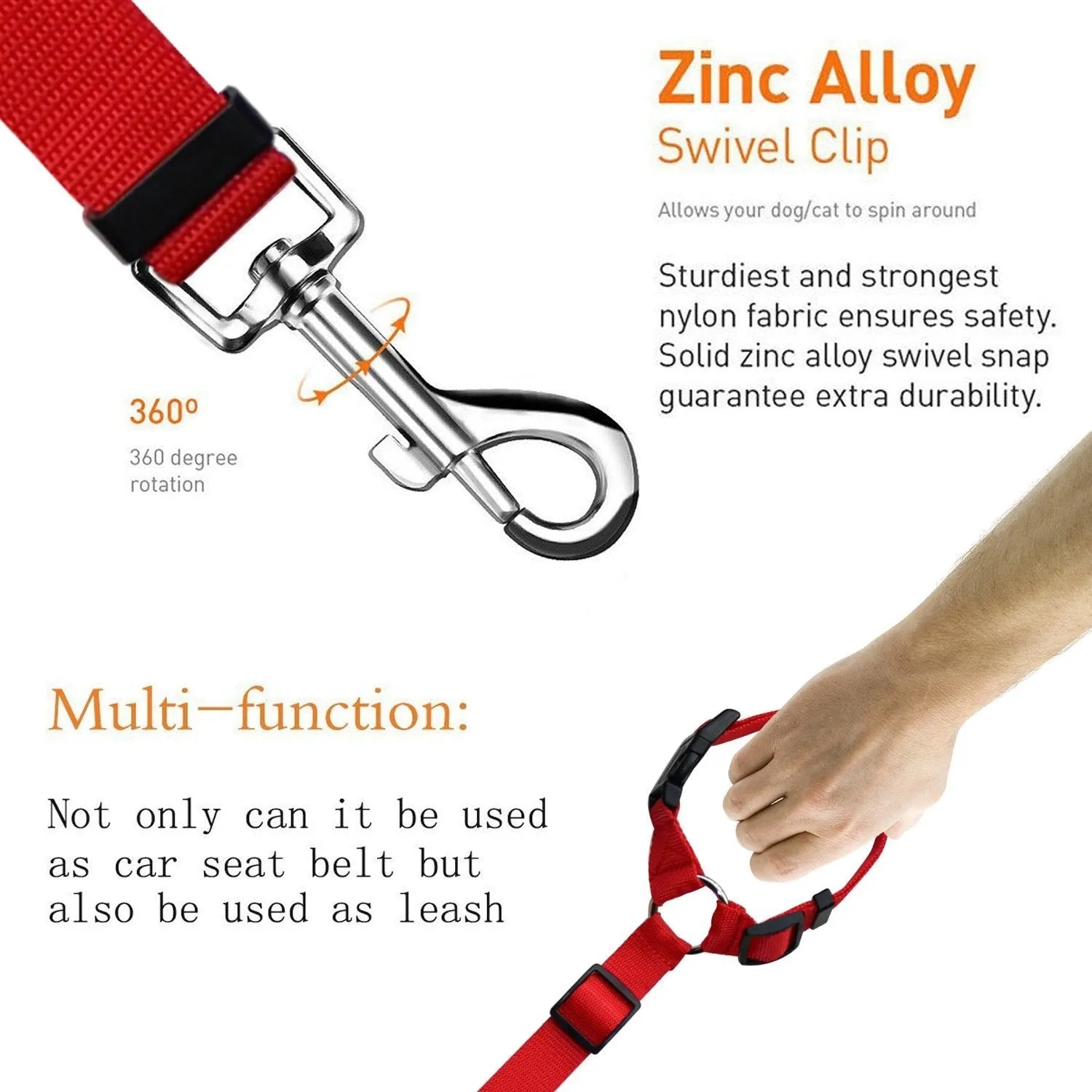 Pet safety leash made from nylon in expandable traction belt design, colour options include black