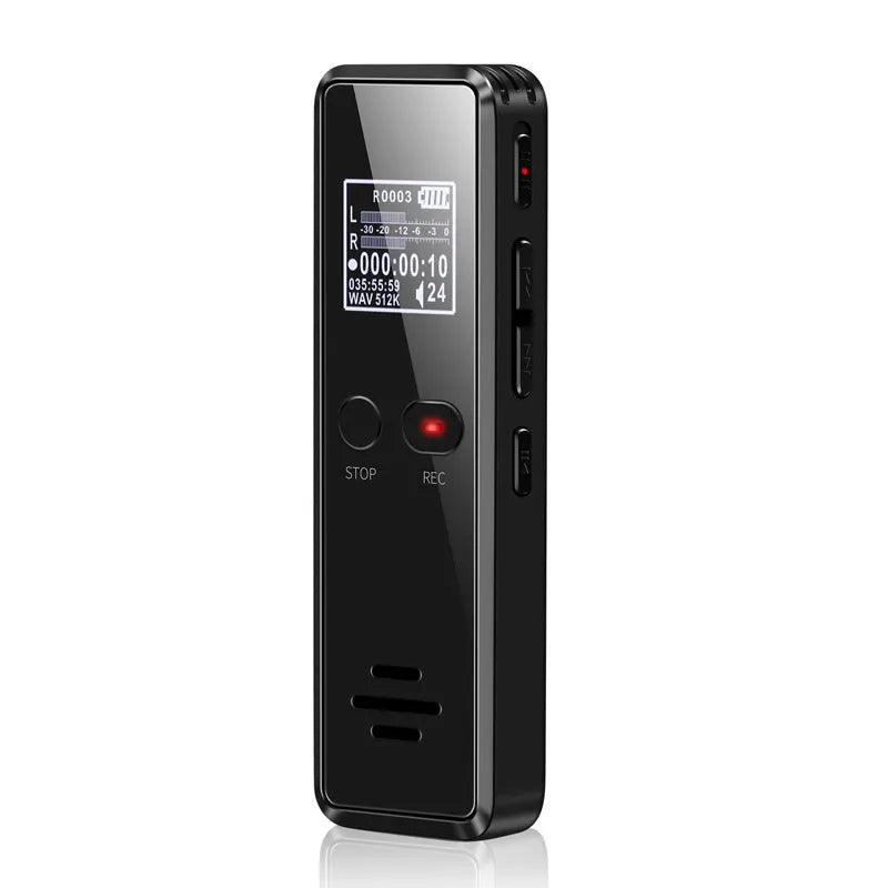 Black USB flash drive MP3 voice recorder with zinc alloy shell showing LCD display and controls