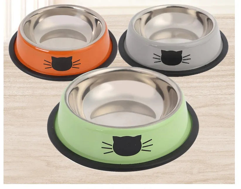 Stainless steel non-slip cat bowl set, 11.5 x 15.5 x 3.5 cm, in purple orange green multicolour