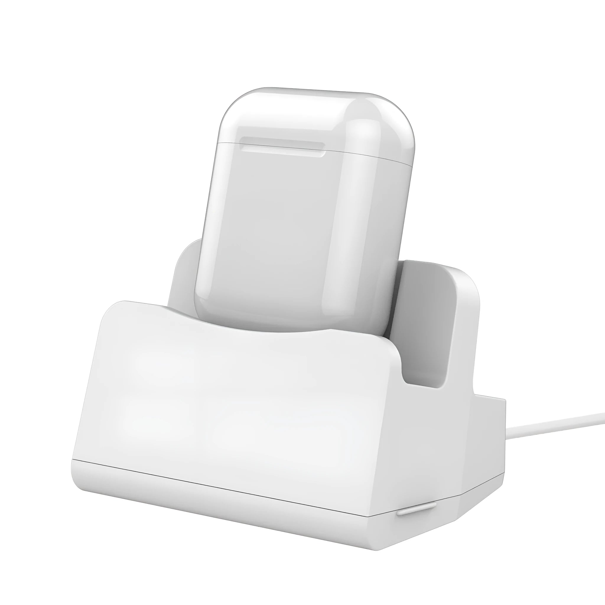 White headphone charging base with minimalist design on desk surface