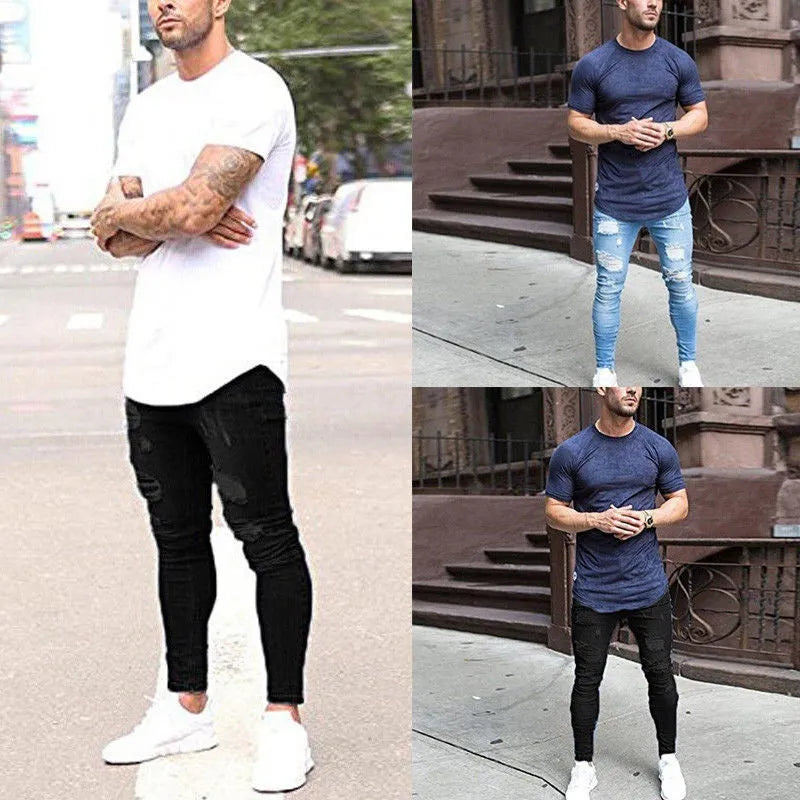 Men's high waist washed cotton denim pencil pants in black, skinny fit with zipper fly