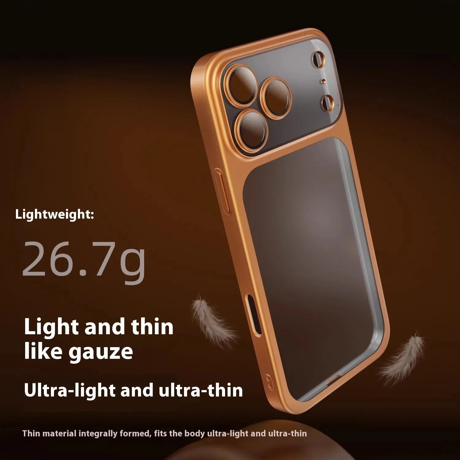Frosted electroplating iPhone 17 phone case in orange colour, showing front and back views.