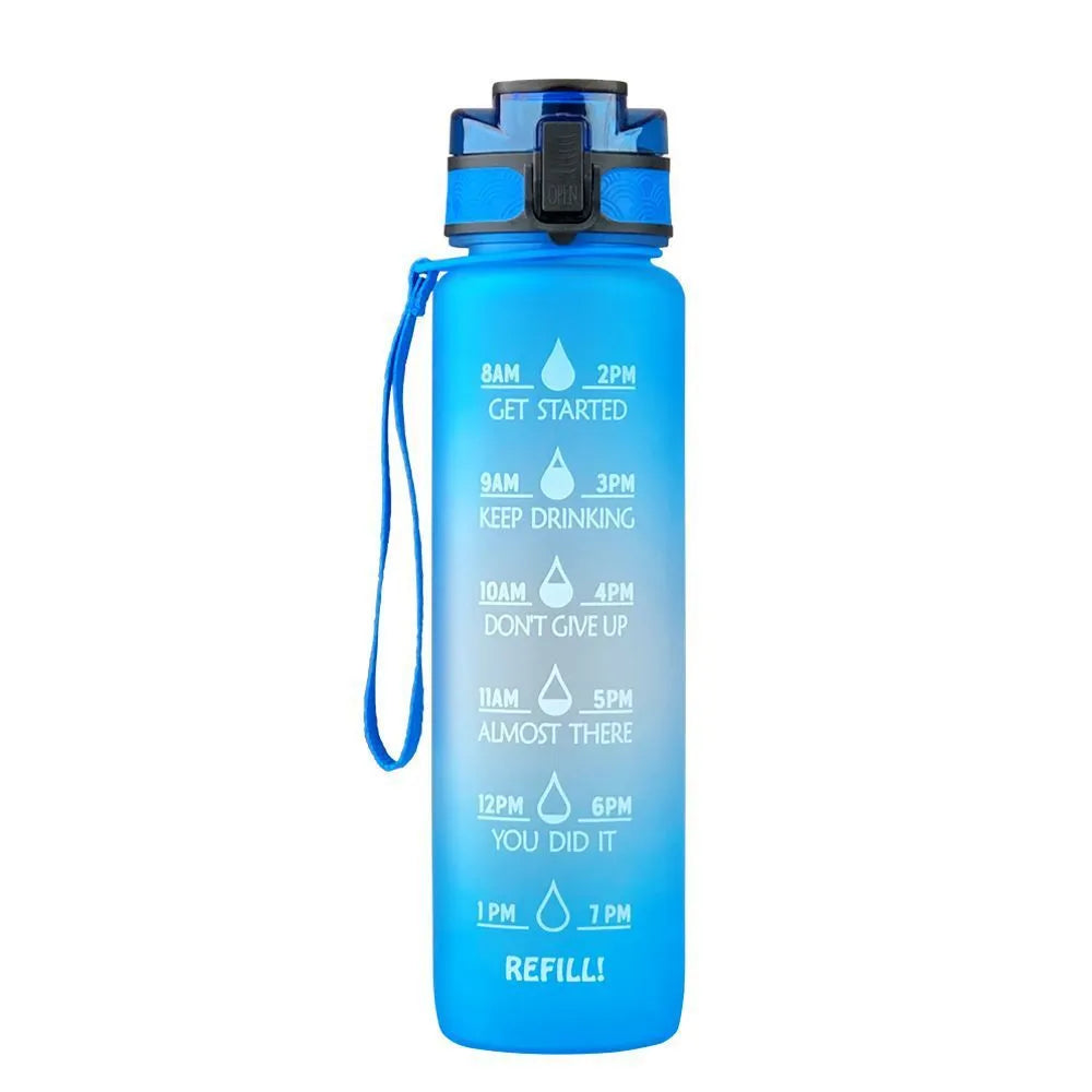 Transparent 1000ml plastic water bottle showing clear Tritan construction with visible liquid