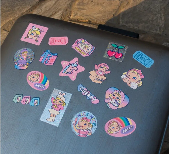 Cartoon sticker sheets with storage box showing 16 PVC comics heart designs for DIY decoration