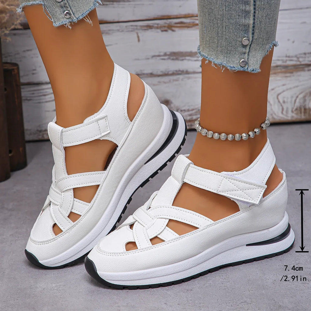 Wedge Roman women's platform casual shoes in black with Velcro fastening and round toe
