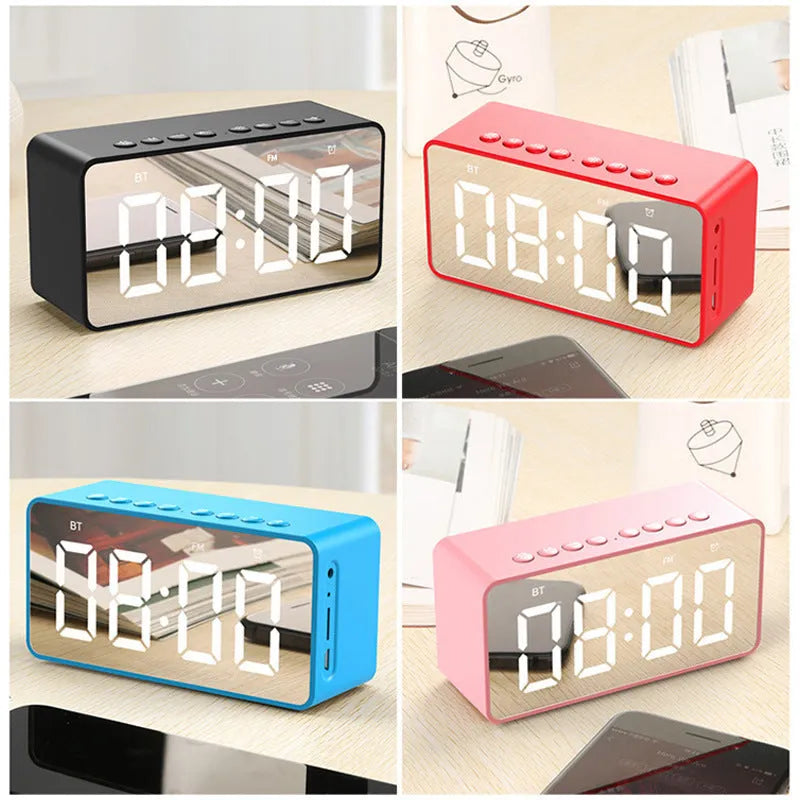 Alarm clock Bluetooth speaker model BT506 in black with digital display, Bluetooth and MicroSD icons