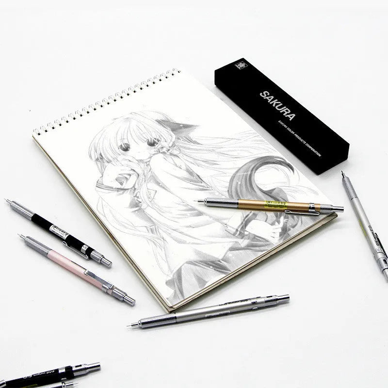 Japanese metal mechanical pencil in gold, silver, black, or pink, showing 0.3mm and 0.5mm lead size options.