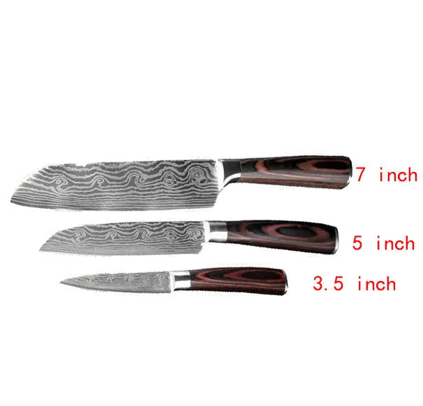 7Cr17 stainless steel kitchen knife with laser Damascus pattern on blade and colour steel handle.
