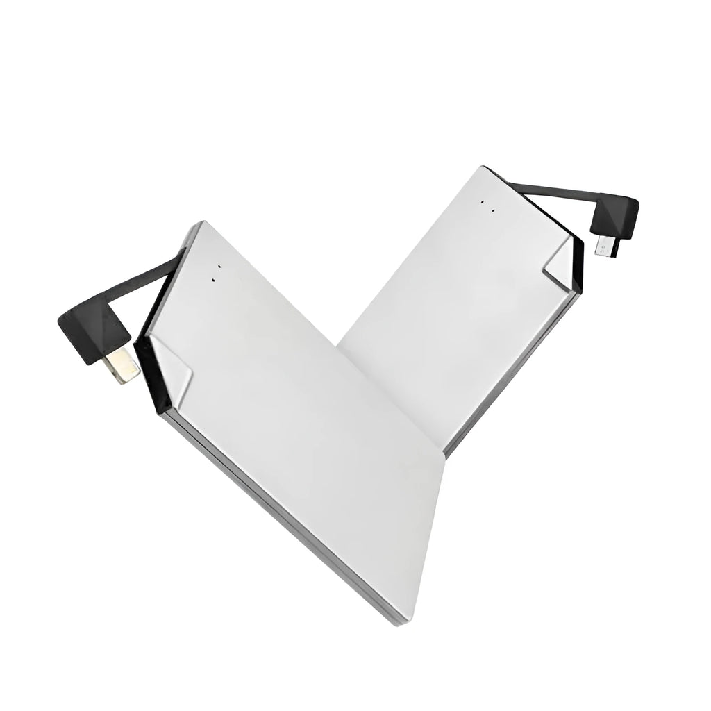 Silver aluminium graphene power bank showing slim 4mm profile with Lightning and Micro-USB ports