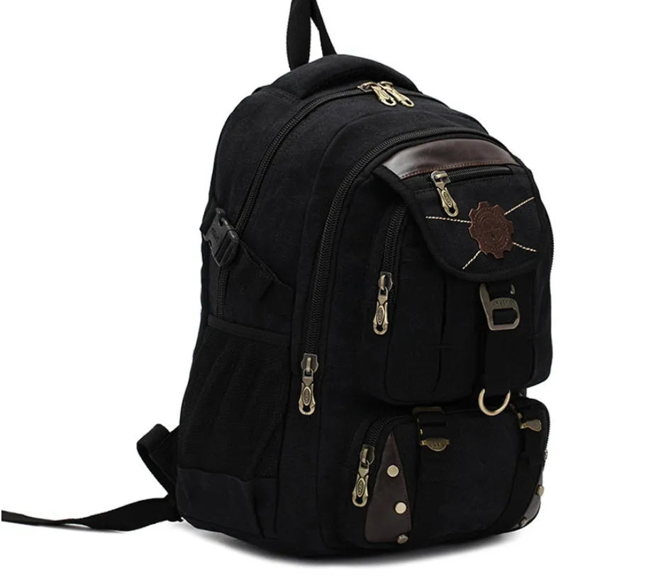 Large canvas travel backpack with air cushion strap in black, 20-35L capacity, front pocket visible
