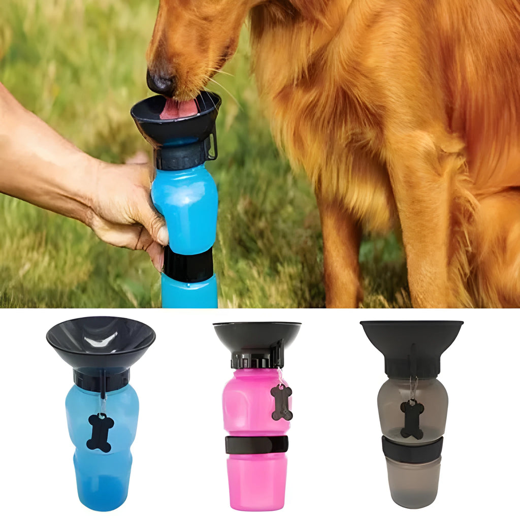 Portable pet water bottle drinker in blue for dogs and cats, 21.5 x 10.7 x 10.7 cm, PP and PE, anti-spill outdoor kettle