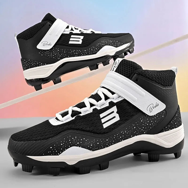 Black and white youth baseball training sneakers with a Velcro strap and textured rubber sole.