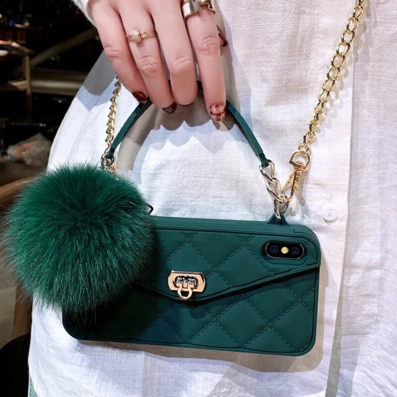 Soft plush hairball phone case with a grid pattern for iPhone, shown in dark green.