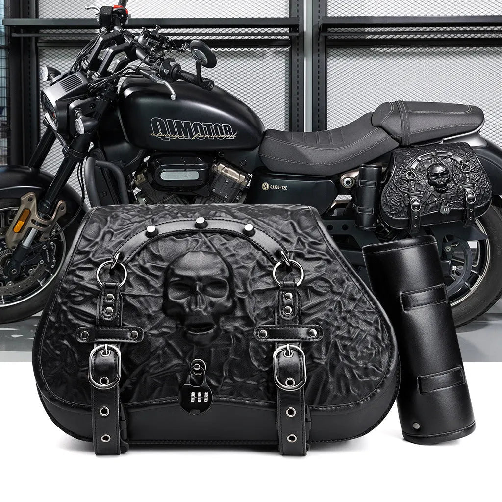 A pair of black PU motorcycle side luggage bags with model number FBG404BK for bike modification.