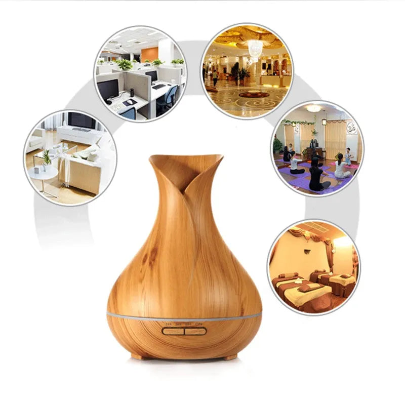 Ultrasonic aroma diffuser with 400ml capacity, dark wood finish, and 7 LED colour light display