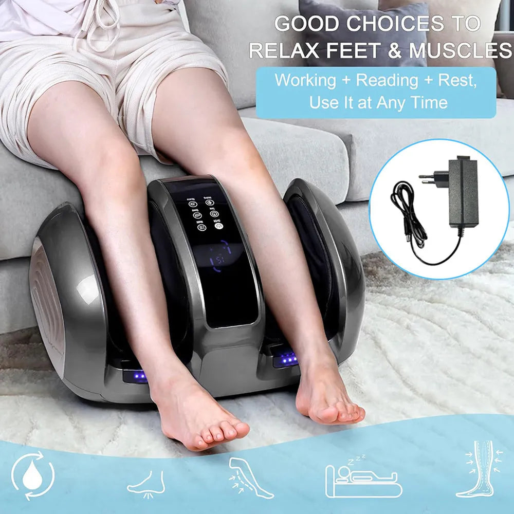 3D foot and calf massager with heat, four auto programs, adjustable intensity, and remote control, black finish