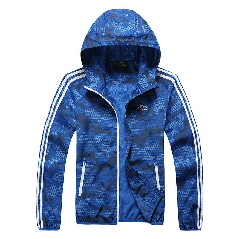 Men's thin long sleeved outdoor sports jacket in blue with full zip and breathable fabric for summer sun and rain protection