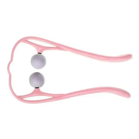 A pink plastic hand-held neck massager with a swan-neck shape and removable roller head for pressure point therapy.