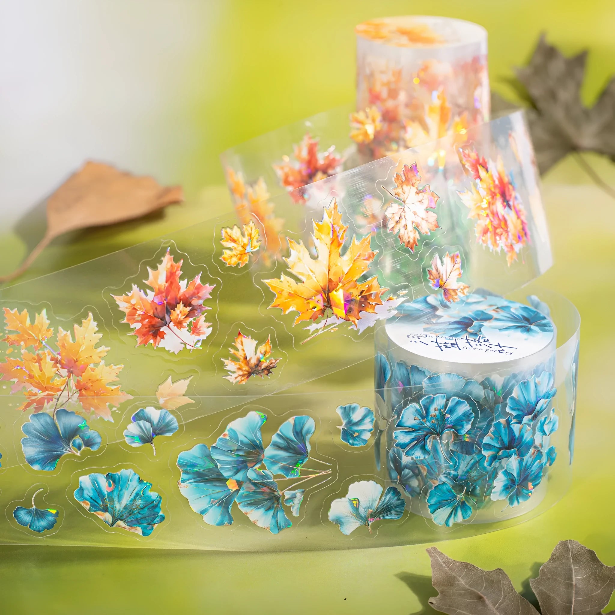 Deciduous Poetry Series decorative sticker roll showing six nature designs including ginkgo and maple leaves.
