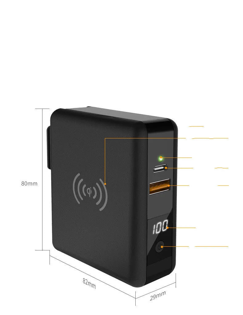 Super QI Power Bank with folding international plug in black, showing wireless charging surface and USB-C port.