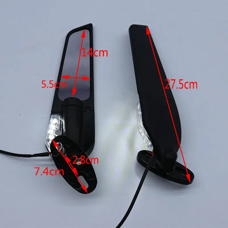 Pair of aluminium motorcycle mirror spoilers with yellow LED lights and convex glass lenses.
