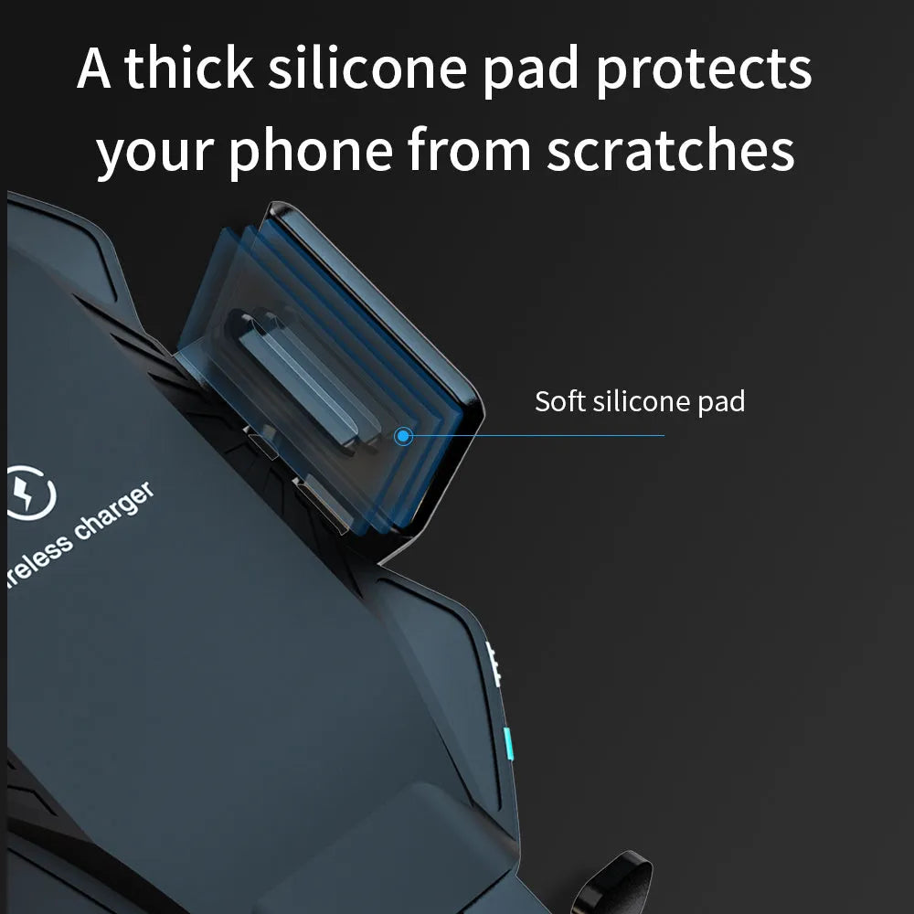 Car wireless charging unit with chuck and suction cup mounting options in black and grey colours
