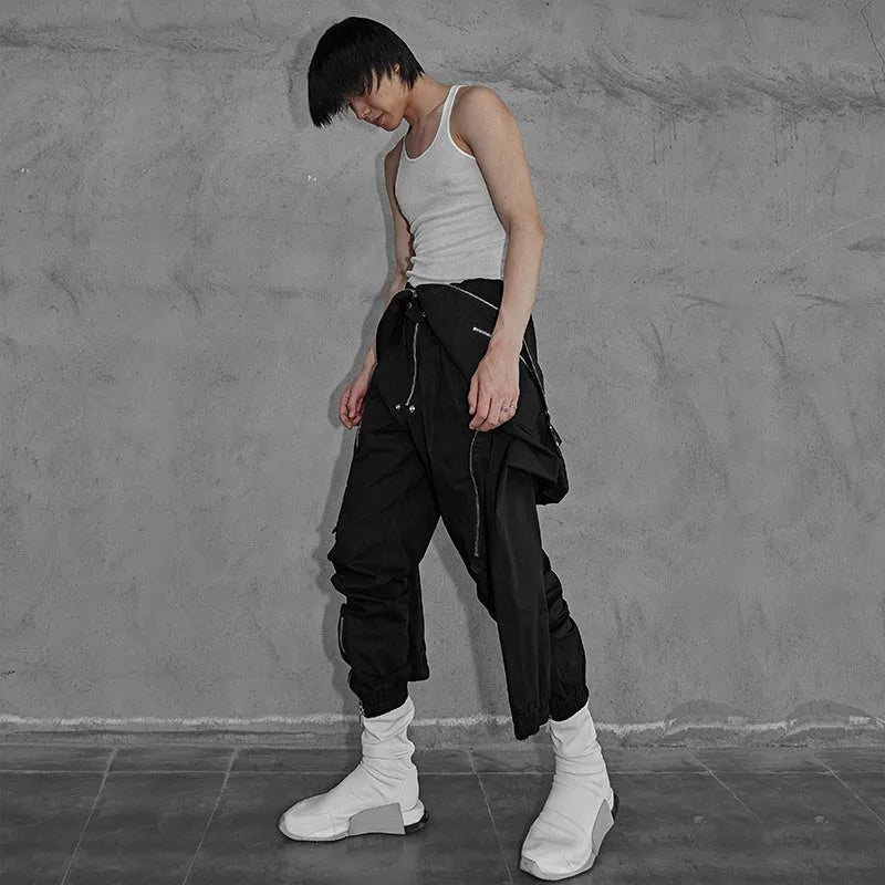 Black loose cotton cargo jumpsuit for men, mid-waist, multiple pockets, sizes 46-50