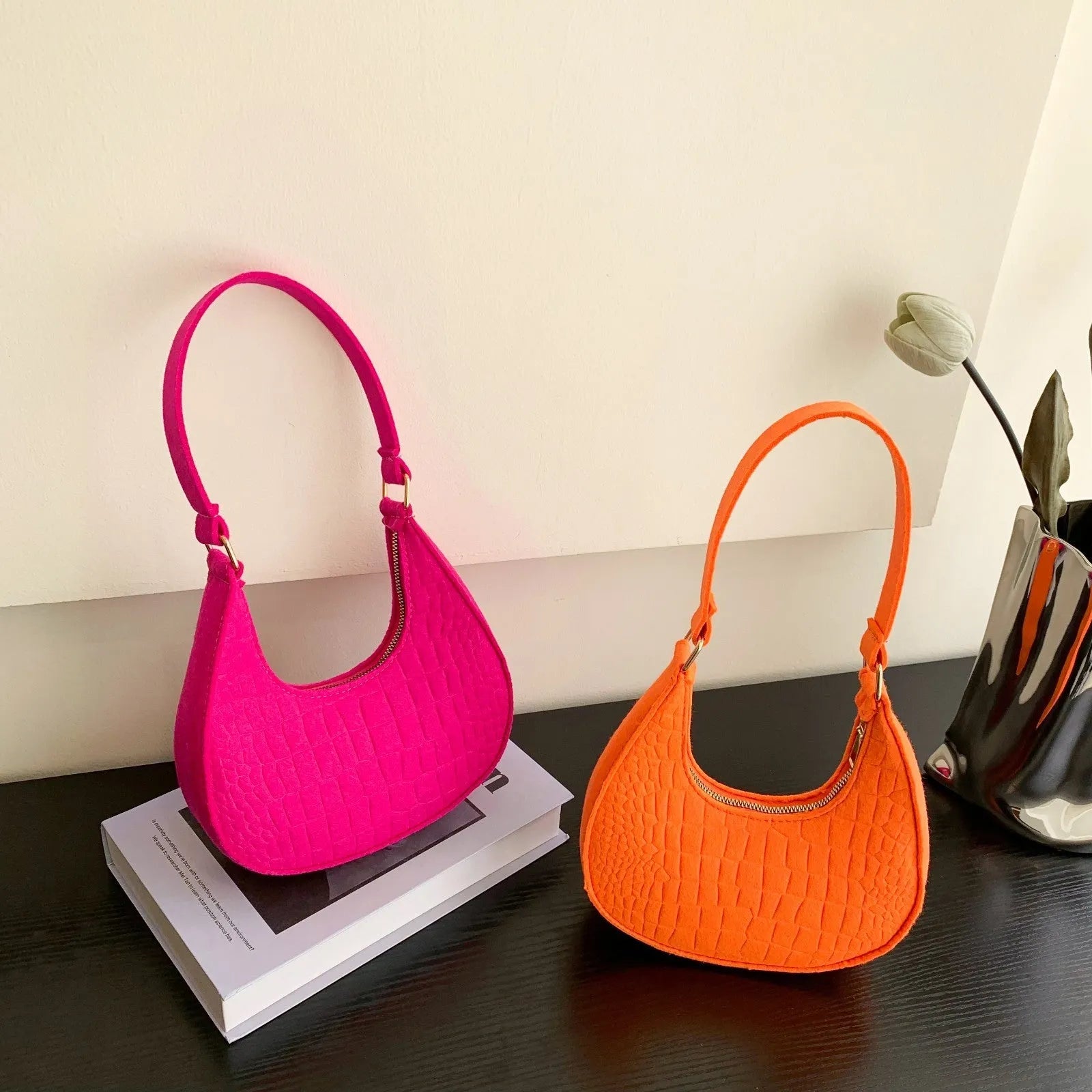 Casual felt shoulder handbag in Korean style, free size, available in multiple colours including orange red and khaki