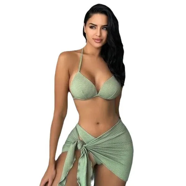 Women's three piece swimsuit set with Russian split style and matching skirt in solid colour