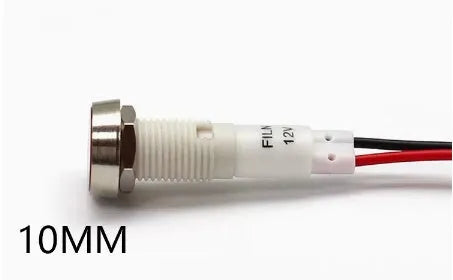 10mm stainless steel edge plastic indicator light with wire leads in multiple colours.