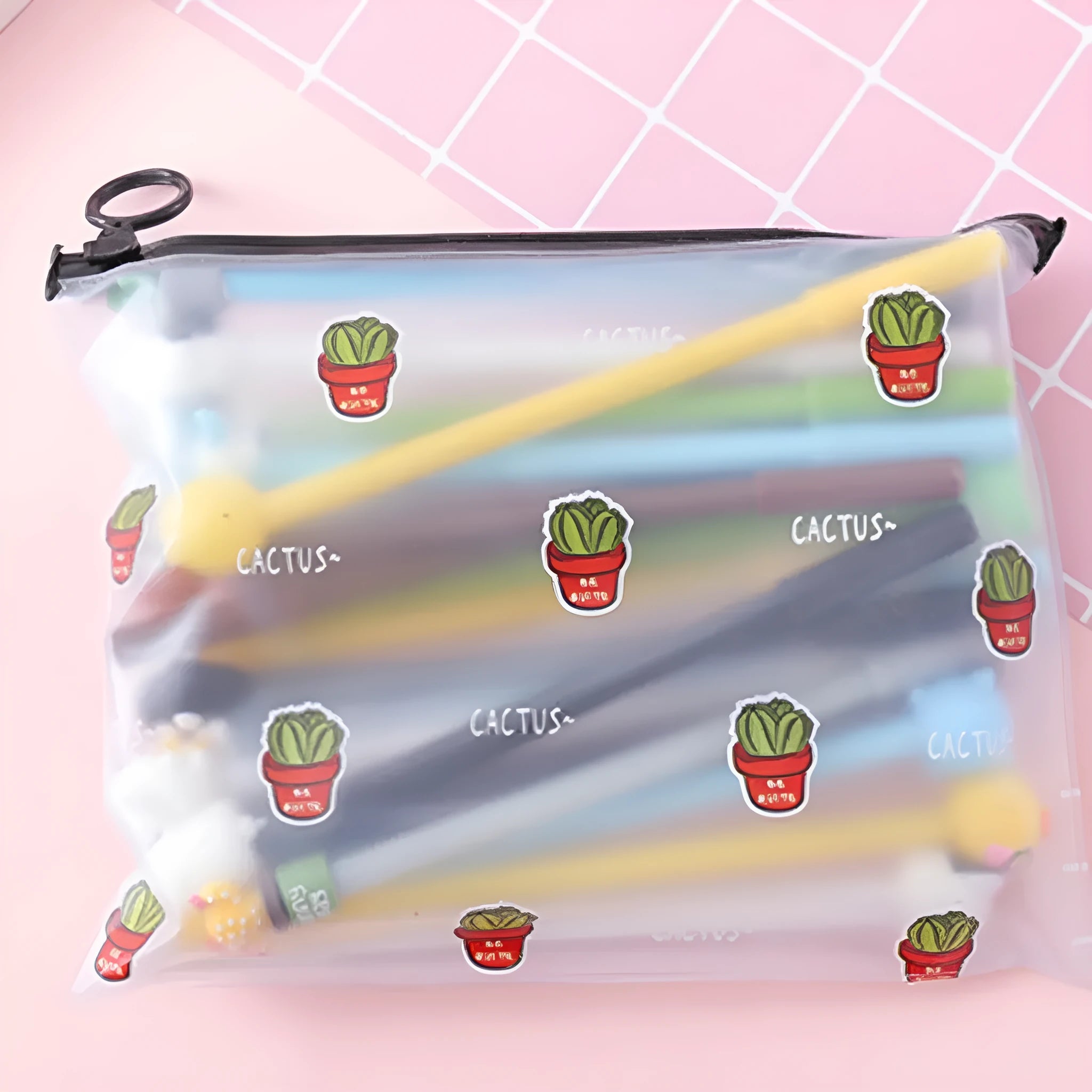 Set of 20 black 0.5mm cartoon design pens next to a 21x17cm cactus-themed plastic pencil case.