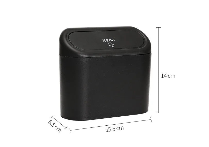 Black ABS plastic car trash can measuring 160x143x85mm with removable hook and upturned lid