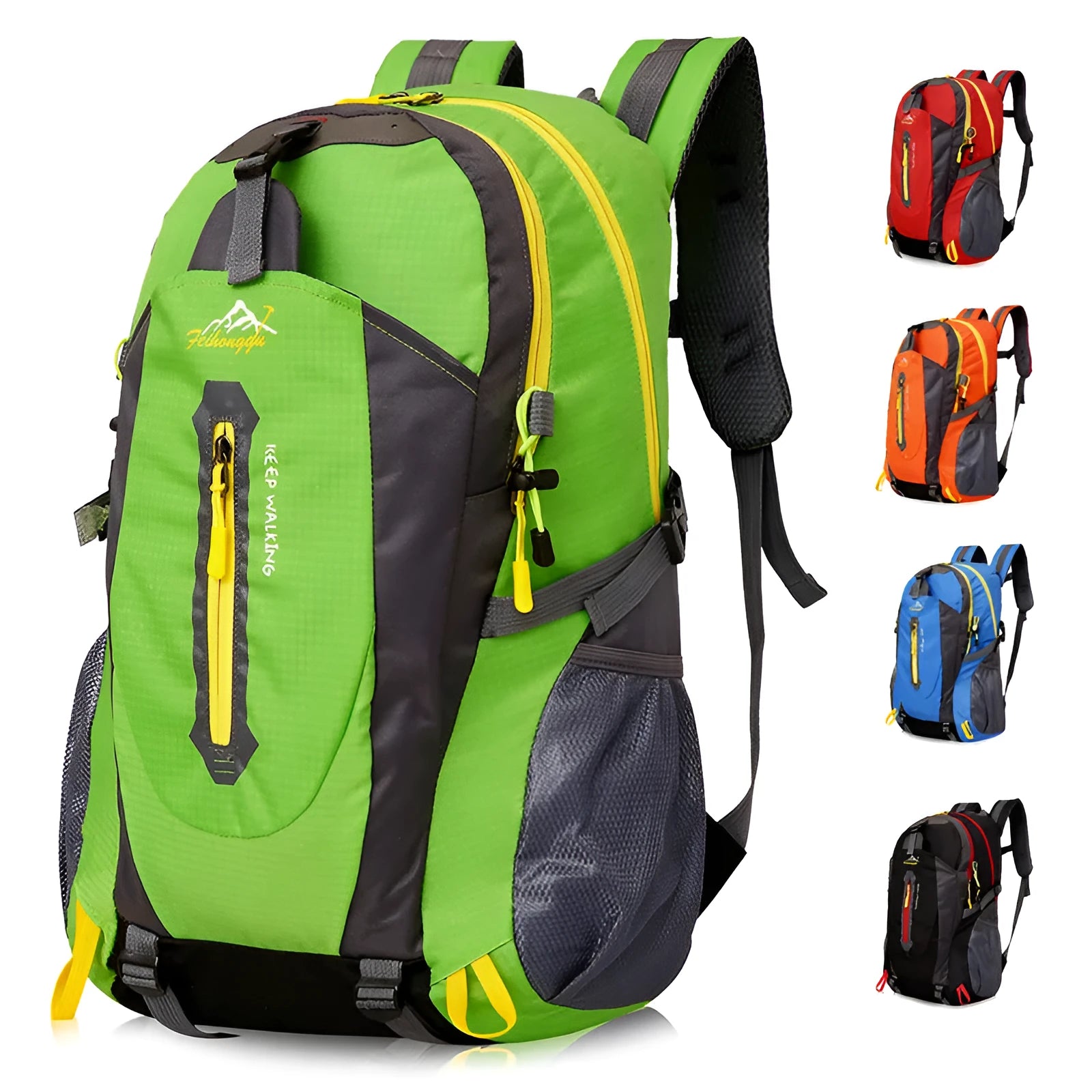 Oxford travel backpack for mountaineering 36-55L in green, plain pattern, side view