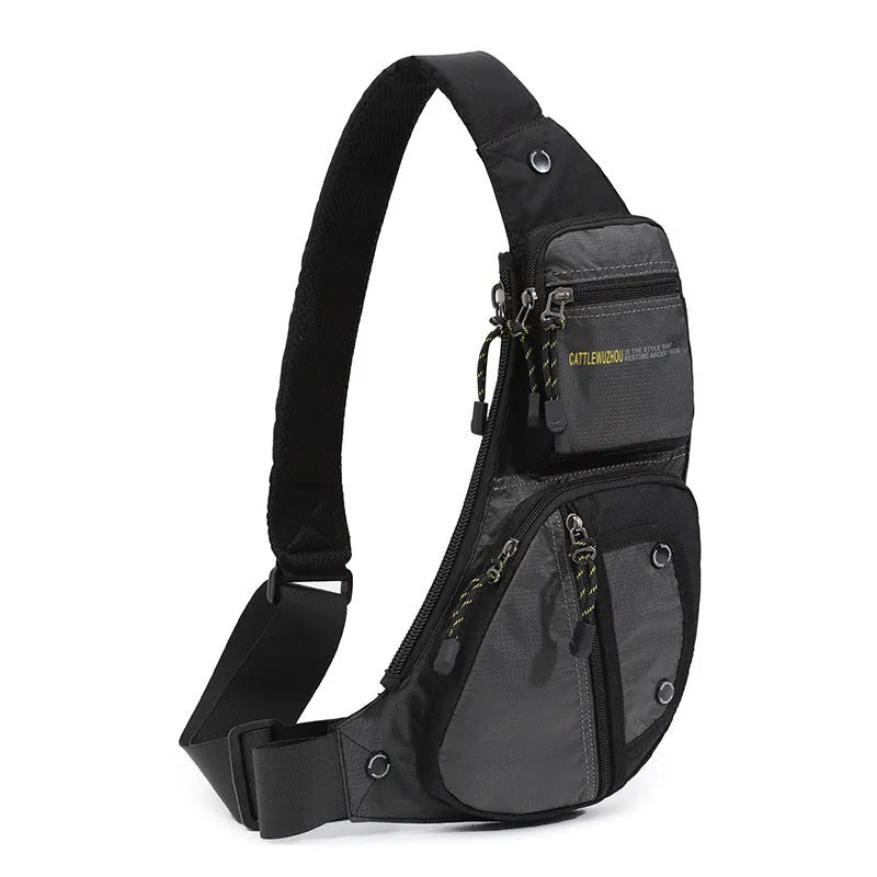 Men's nylon chest messenger shoulder bag in black, gray, army green, or blue with multi-functional shoulder strap