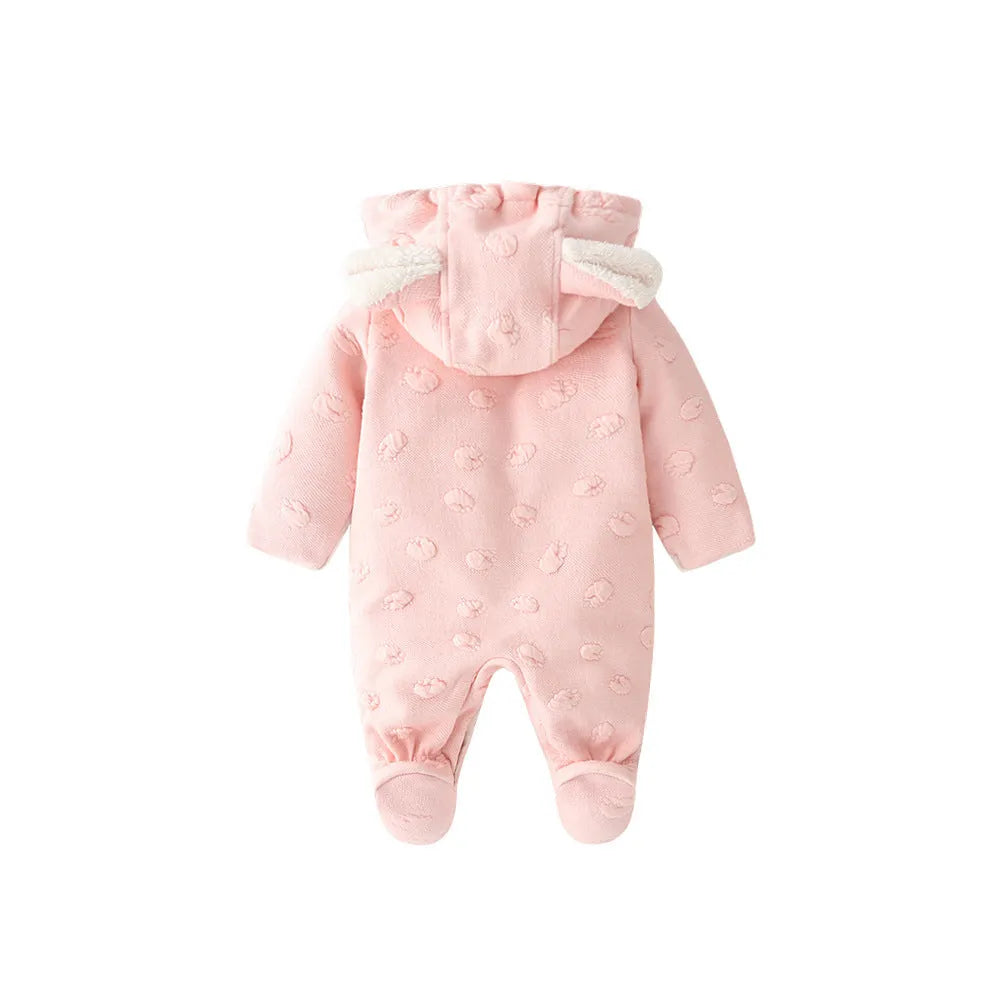 Long-sleeve baby princess romper with buckle closure in soft pink cotton blend fabric