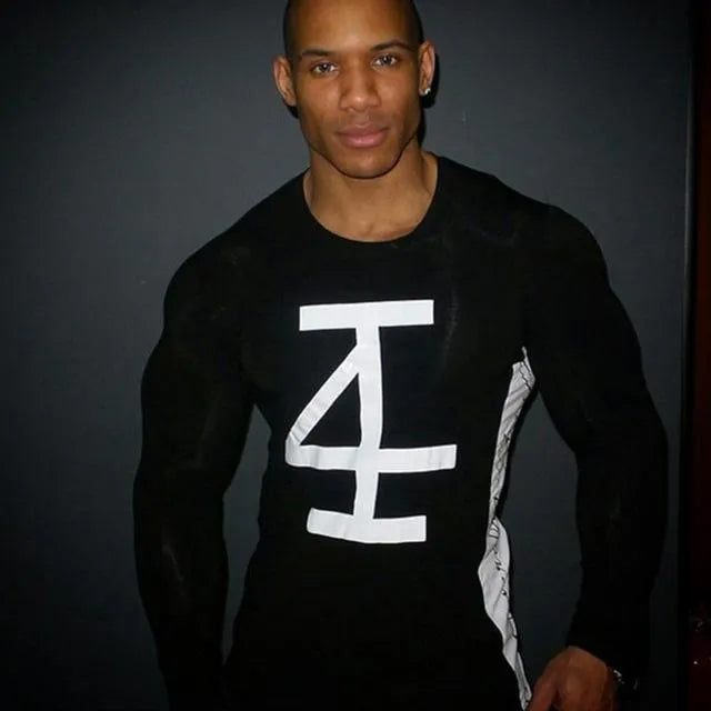 Men bodybuilding long sleeve compression t-shirt in black, front view, for gym training