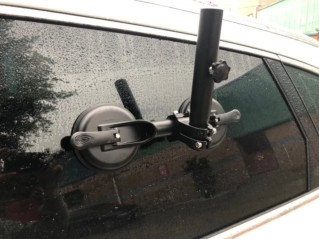 Black ABS car flagpole sucker mount with round glass suction cup for off-road vehicles.